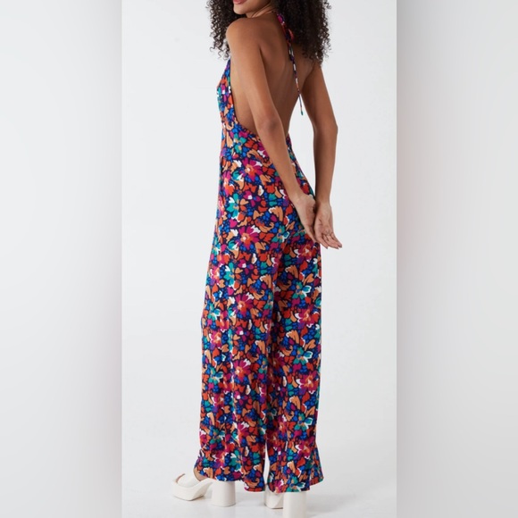 QED London Pants - QED LONDON HALTERNECK MULTI FLORAL PLISSE JUMPSUIT NWOT